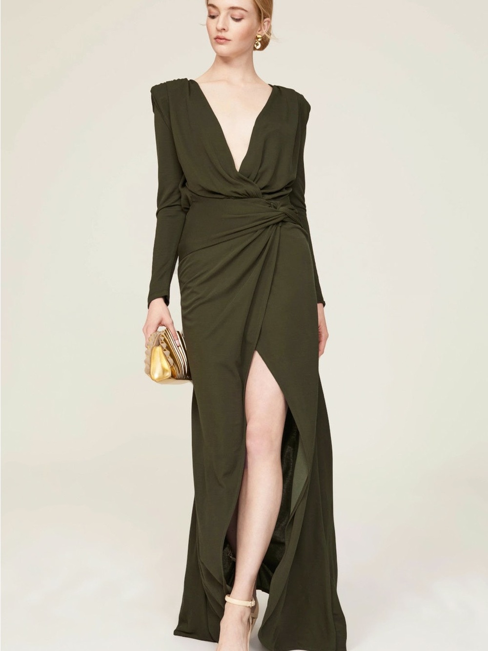 Something Navy Olive Green Deep V Wrap Maxi Dress